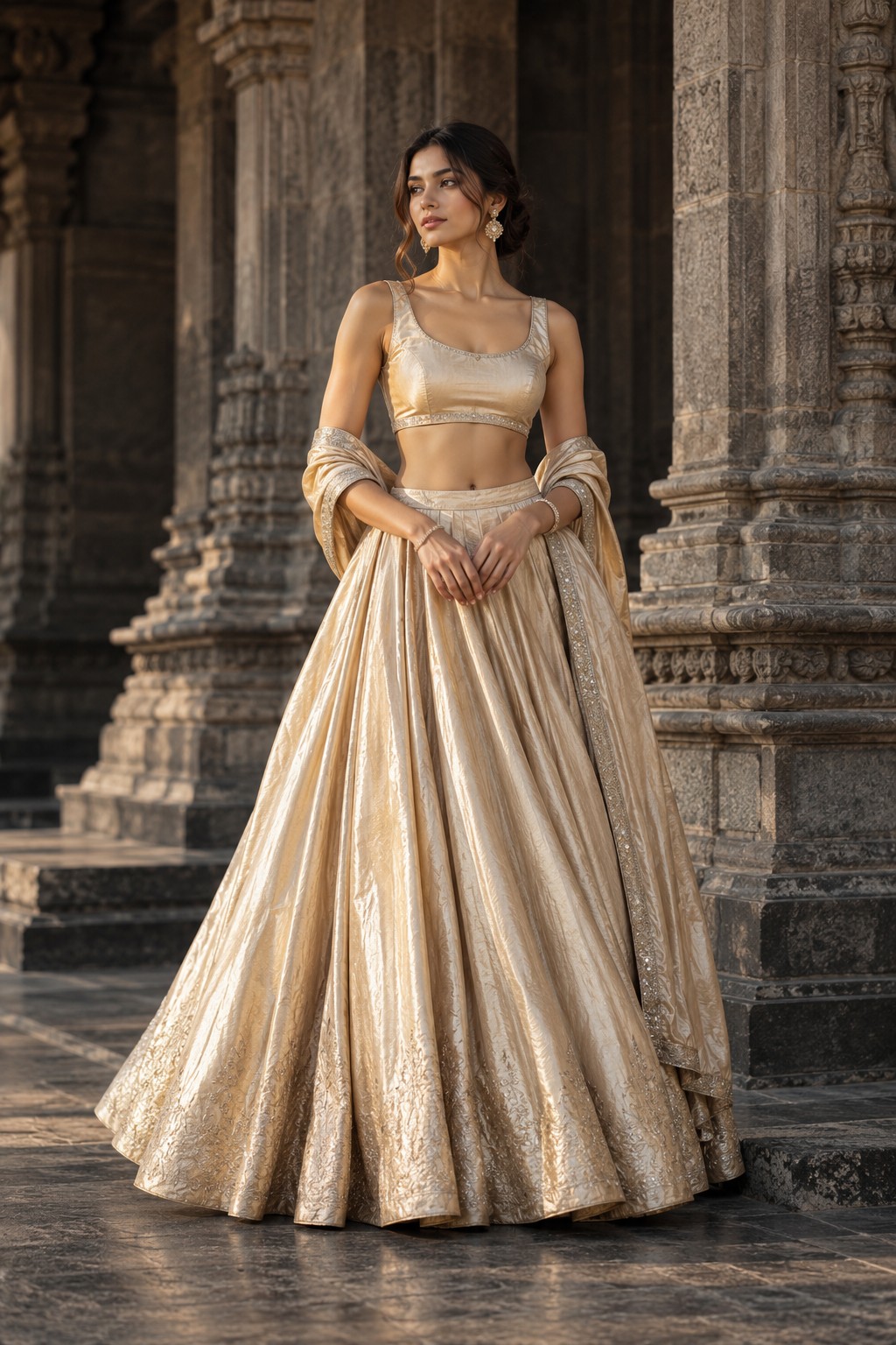 Contemporary champagne silk lehenga