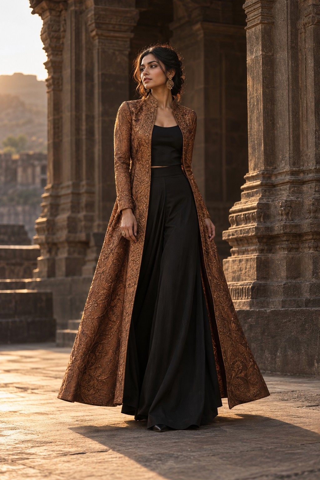 Copper sculptural occasion jacket with black trousers