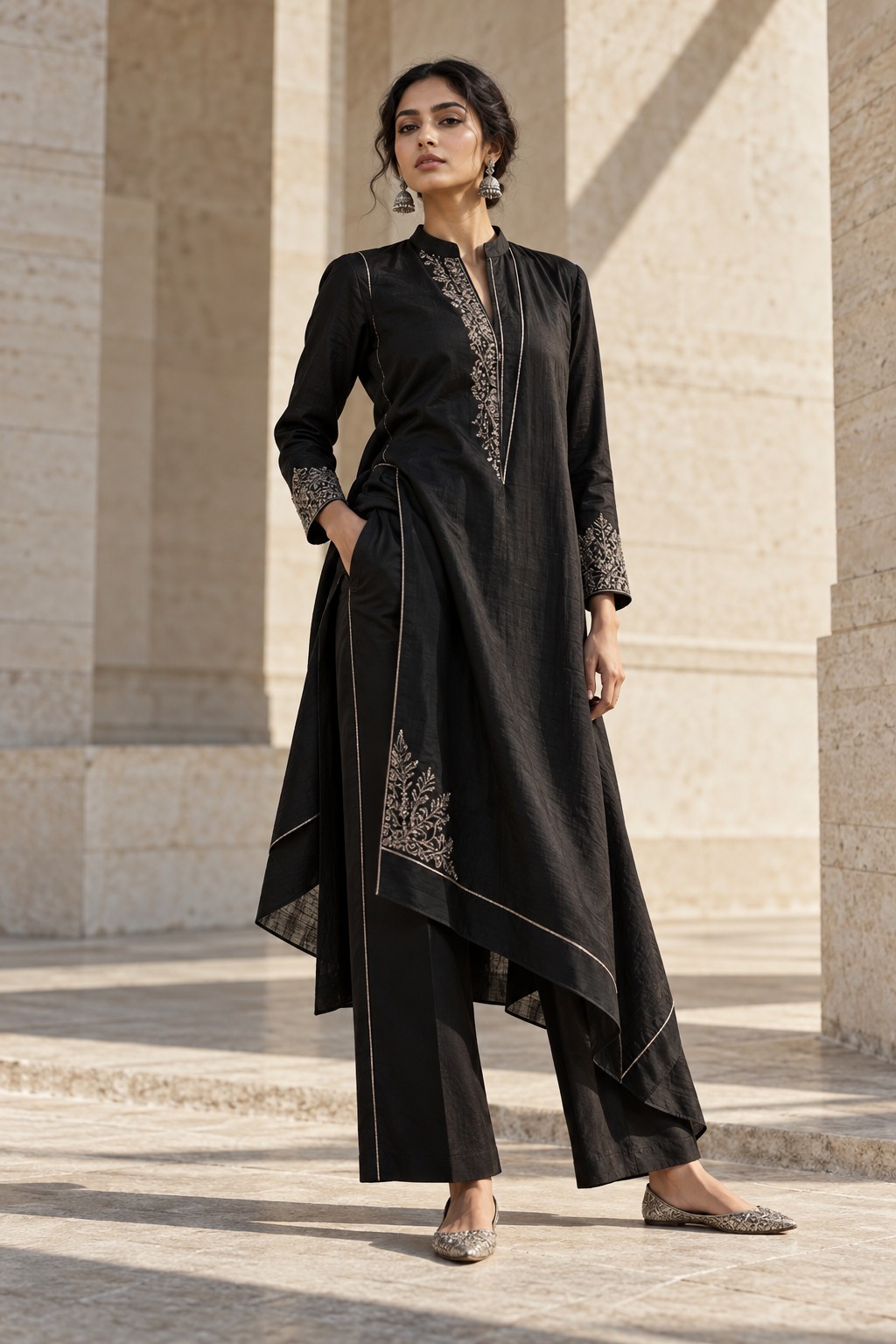 Contemporary black Indian tunic and tailored trousers